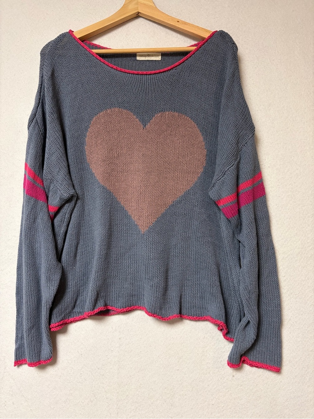 Natural Life Heart Knit Sweater Dusty Blue Pink Lightweight Pullover Size L/X - Picture 4 of 10